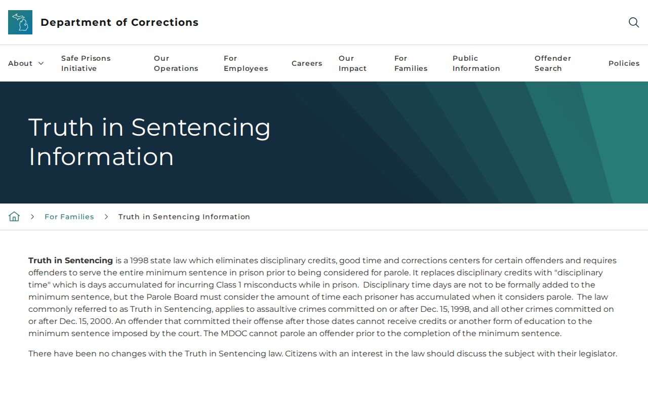 Michigan truth in sentencing source for an Ionia County inmate release date