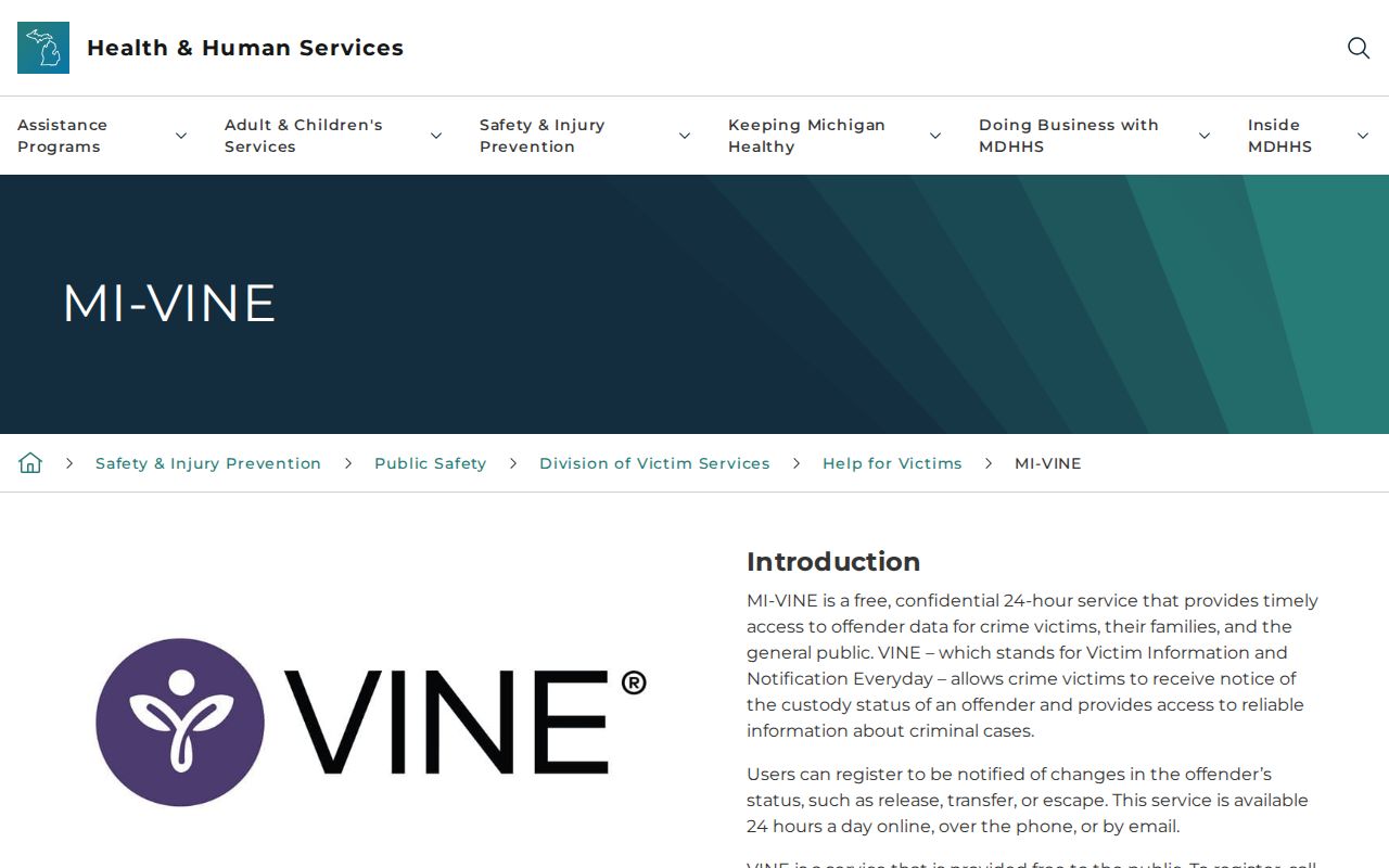 Official Michigan VINE overview for an Ionia County release check